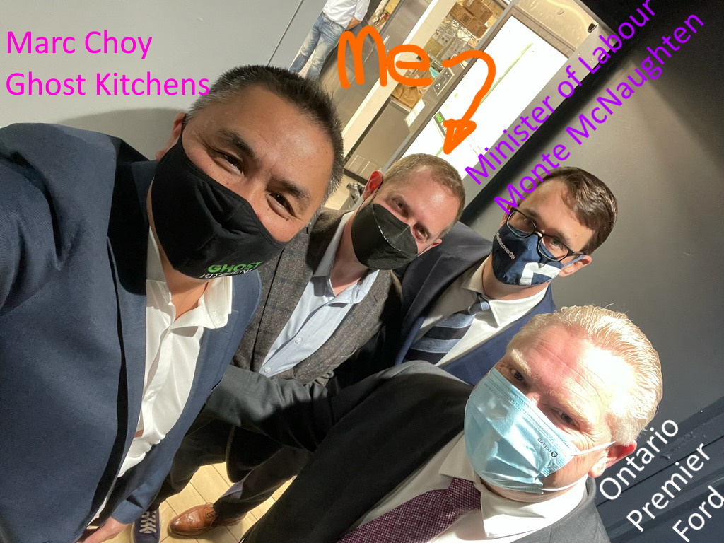 from left to right. Marc Choy (Ghost Kitchens), Daniel Feuer (That Daniel), Minister of Labour Monty McNaughton, Ontario Premier Doug Ford